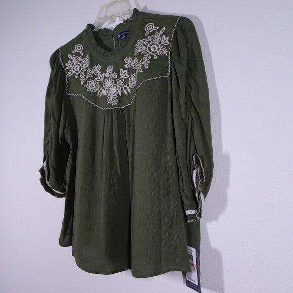 Democracy Embroidered Top Women's Plus Size 2X Green Puff Sleeve Boho Peasant - Picture 3 of 9
